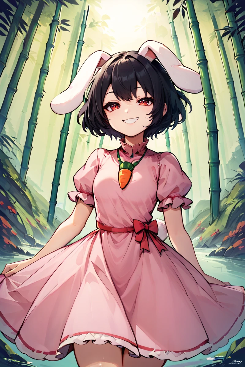 score_9, score_8_up, score_8, score_9, 1 girl, inaba tewi, black hair, pink dress, short hair, black hair, rabbit ears, floppy ears, carrot necklace, puffy sleeves, ribbon-trimmed sleeves, ribbon-trimmed dress,  <lora:inaba_tewi_pony-10:1>, red eyes,  bamboo forest,  cowboy shot,  <lora:Line Art Style LoRA XL:0.8>, smug