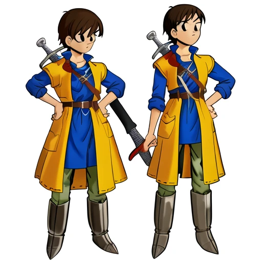1boy, hand on hip, black hair, black eyes, male focus, boots, belt, 1girl, sheath, sword, brown hair, weapon on back, full body, white background, weapon