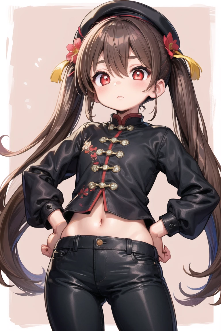 (best quality, masterpiece:1.3), (detailed background:1.3), (high resolution art:1.3),
1girl, solo, hands on hips, 
symbol shaped pupils, hat, (colorful red eyes:1.3), twintails, brown hair, symbol-shaped pupils, long hair, bangs, flower-shaped pupils, hair between eyes, chinese whale tail \(clothing\):1.2), pants,
<lora:onono_imoko-10:0.5:lbw=ALL>