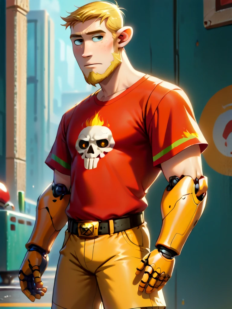 score_9, score_8_up, score_7_up, score_6_up, flat art, 2D, 1boy, solo, simple, 1boy, man, adult, r0nst0p, blonde hair, beard, skull and flames shirt, cool belt, mechanical arms, mecha arms, android, shorts, source_cartoon