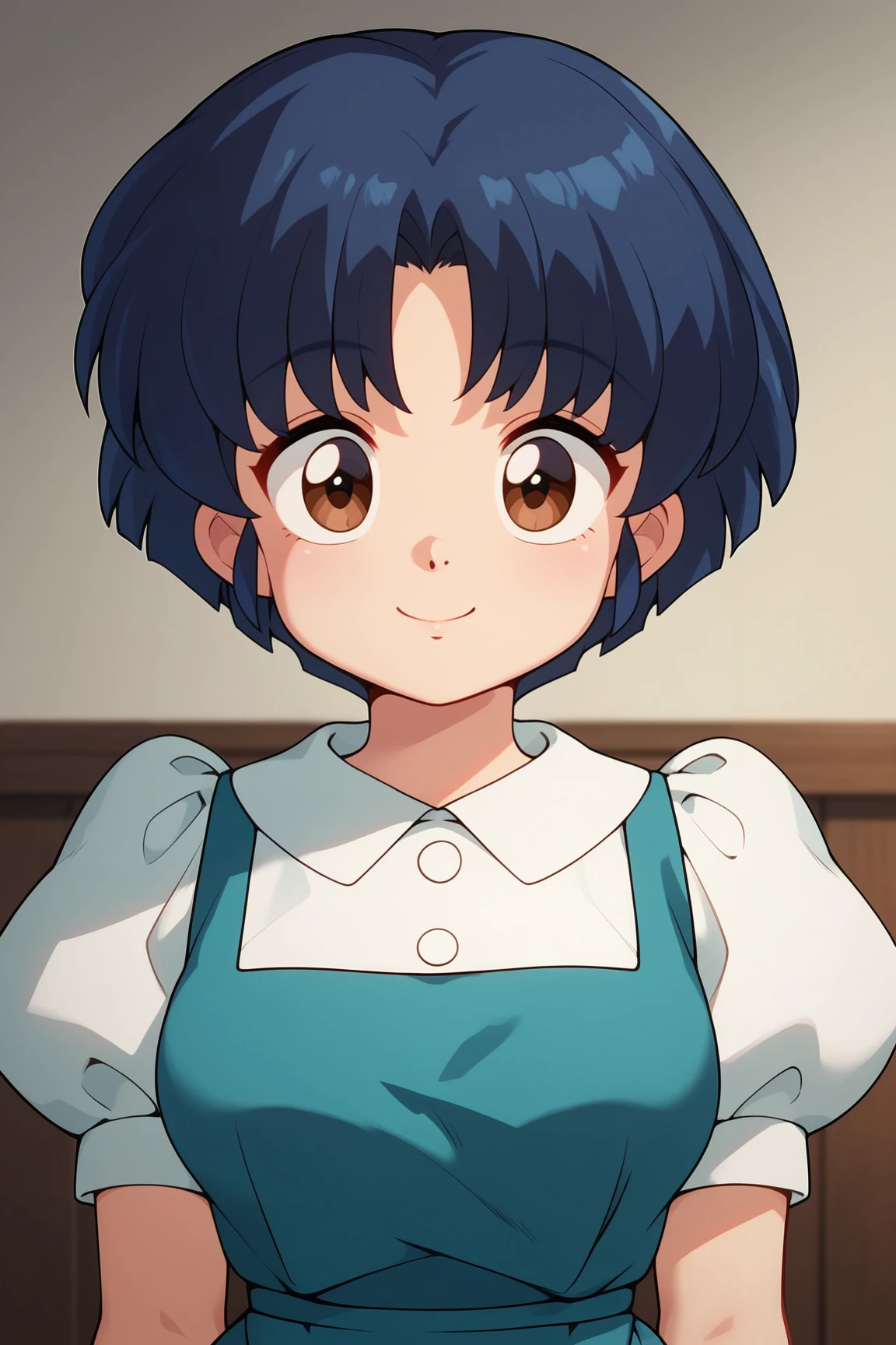 score_9, score_8_up, score_7_up, score_6_up, score_5_up, score_4_up, AkaneTendouRXL, 18years, big eyes, brown eyes, dark blue hair, short hair, bangs, medium breasts, shirt collar, white shirt, blue dress, short sleeves, puffy sleeves, solo, front view, (portrait, upper body), seductive smile, looking at viewer, indoors <lora:AkaneTendouRXL:1>