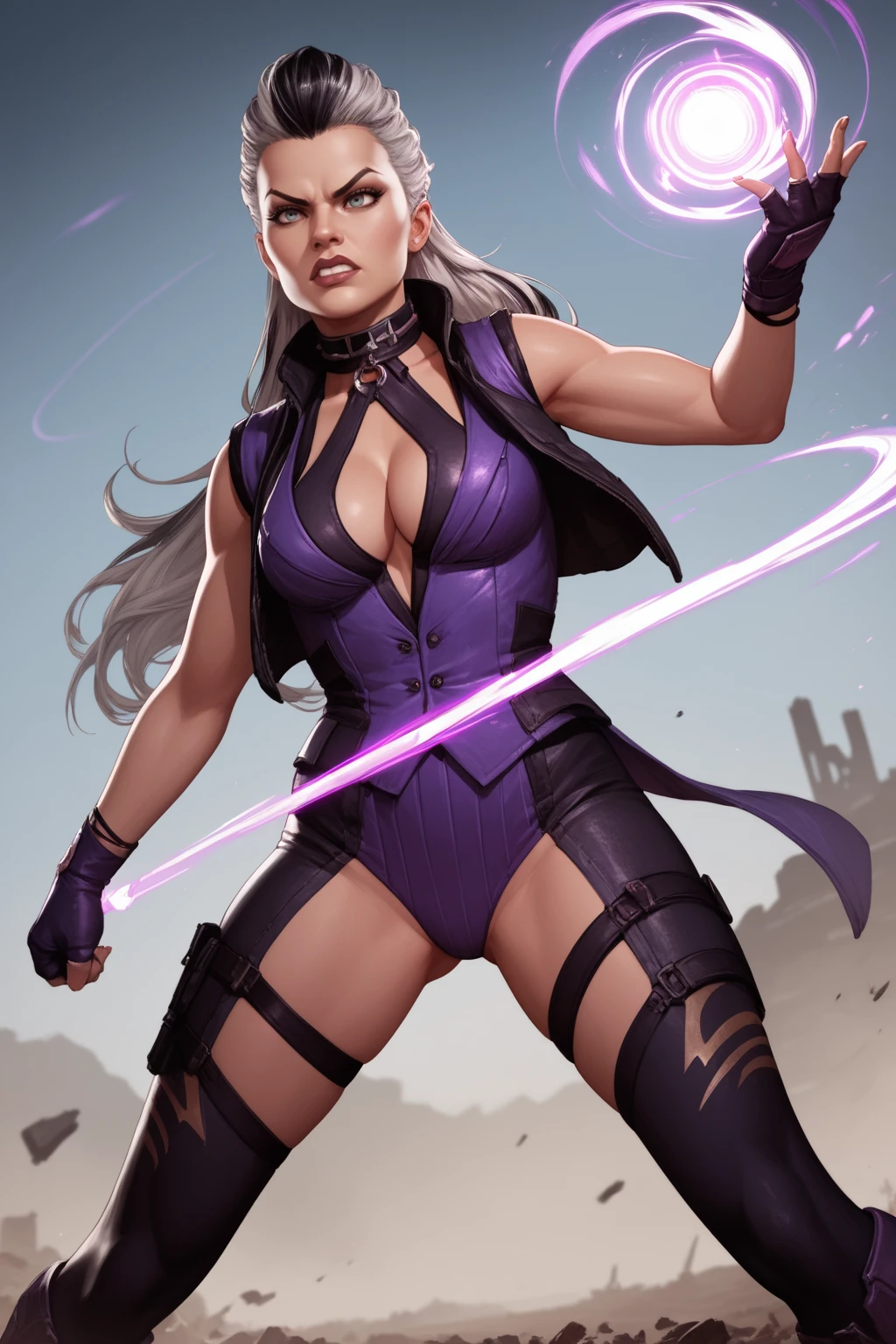 score_9, score_8_up, score_7_up, masterpiece, high quality
 <lora:Sindel MKPonyLoRA:0.8>Sndl, long hair, two-tone hair, hair slicked back, vest, collar, top, clothing cutout, cleavage cutout, fingerless gloves, loetard, thigh strap, thighhighs, magic, angry, wasteland, fighting stance, casting