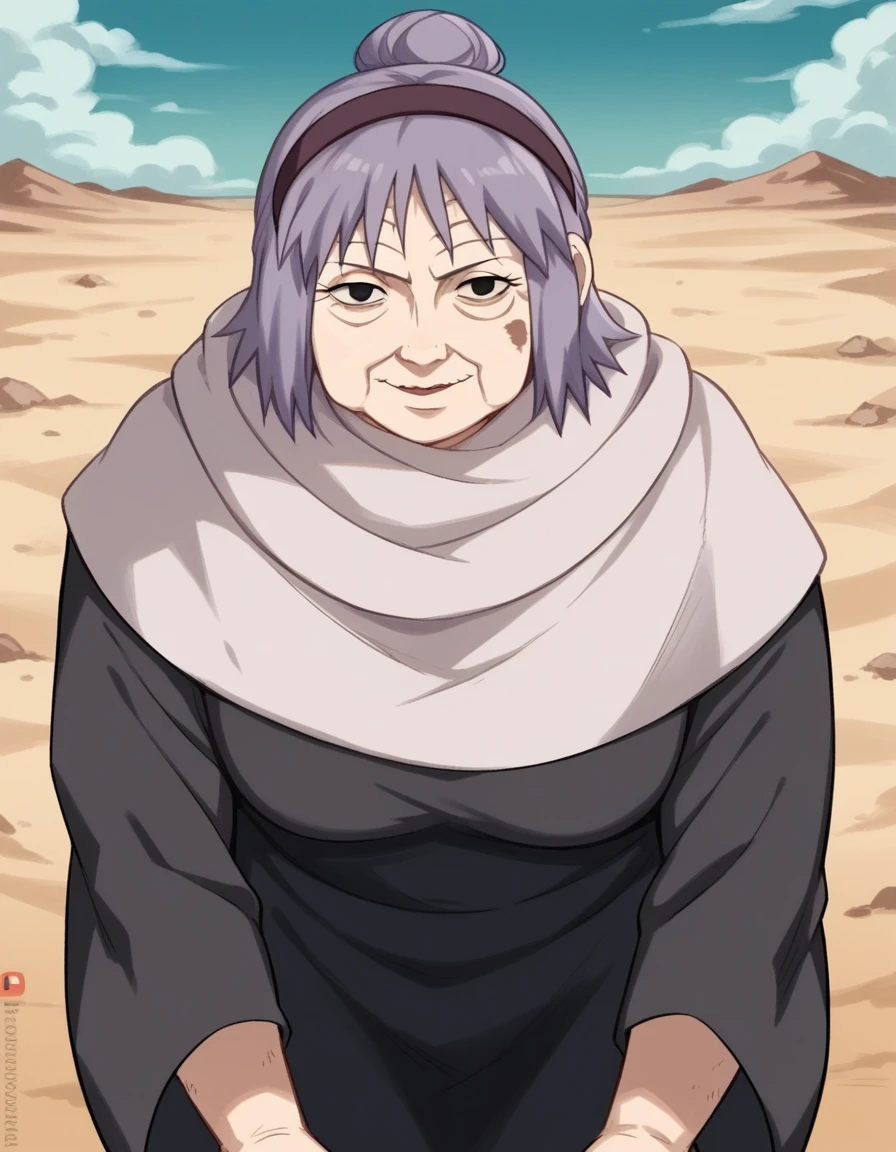 score_9, score_8_up, score_7_up, source_anime,
chiyobaasama, <lora:chiyobaasama-s1-ponyxl-lora-nochekaiser:1>,
chiyobaasama, old, old woman, wrinkled skin, short hair, purple hair, black eyes, headband, hair bun,
robe, scarf, long sleeves,
outdoors, desert, smile, sand, bent over,
upper body, looking at viewer, solo, dutch angle,