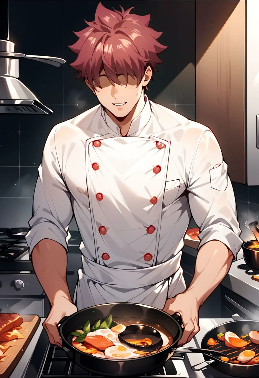 male focus, score_9, score_8_up, score_7_up, source_anime, rating_safe, 1boy, solo, shunib, mature male, hand with five fingers, chef uniform, cooking, looking away, at a professional kitchen, cooking steak, delicious meat, juicy oil shine on food, cooking pan, silver utensils,