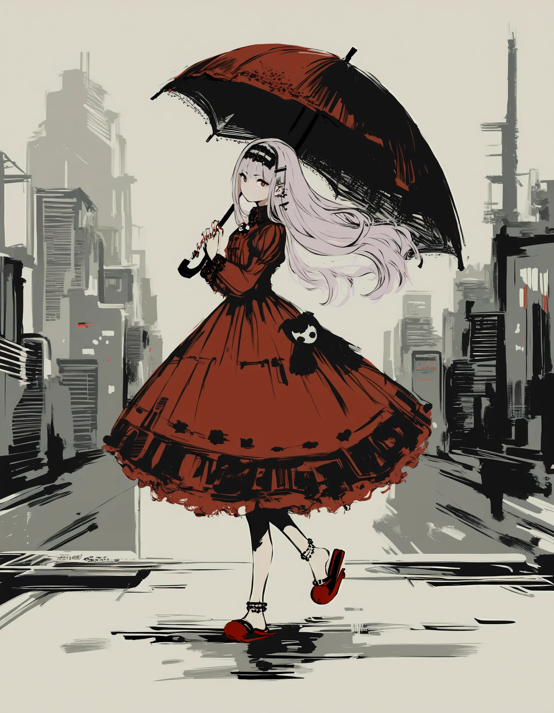 score_9, score_8_up, score_7_up, score_6_up, score_5_up, score_4_up, <lora:Sumi-ePonyXL:1>, full body, sumi-e, monochrome, 1girl, sticker, radiant, holding umbrella, sticker on face, side view, gothic dress, gothic fashion, shoes, red slippers, walking, umbrella, halo, frilly dress, red dress, intricate clothing, brooch, ring, bracelet, anklet, hair accessory, hair, long hair, sidelocks, lavender hair, ear piercing, hair ornament, hairclip, hands up, long sleeves, looking at viewer, multicolored nails, piercing, multicolored eyes, red nails, sleeves past wrists, solo, headband, city