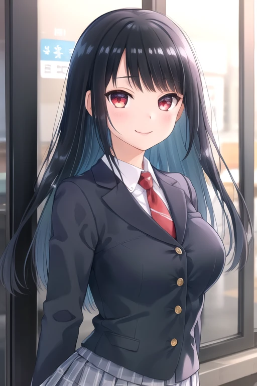 ((masterpiece)),(best quality),official art,extremely delicate and beautiful,extremely detailed CG,unity 8k wallpaper,ultra detailed,beautiful detailed eyes,extremely detailed face,outdoors,1girl,solo,upper body,(portrait:1.5),looking at viewer,facing viewer,smile,Tomoe Rinka,long hair,black hair,shiny hair,straight hair,side swept bangs,red eyes,school uniform,black jacket,blazer,wing collar,red necktie,white shirt,collared shirt,buttons,long sleeves,underbust,large breasts,miniskirt,grey skirt,plaid skirt,pleated skirt,zettai ryouiki,black thighhighs,loafers,brown footwear,<lora:Tomoe Rinka(ym):0.8>,