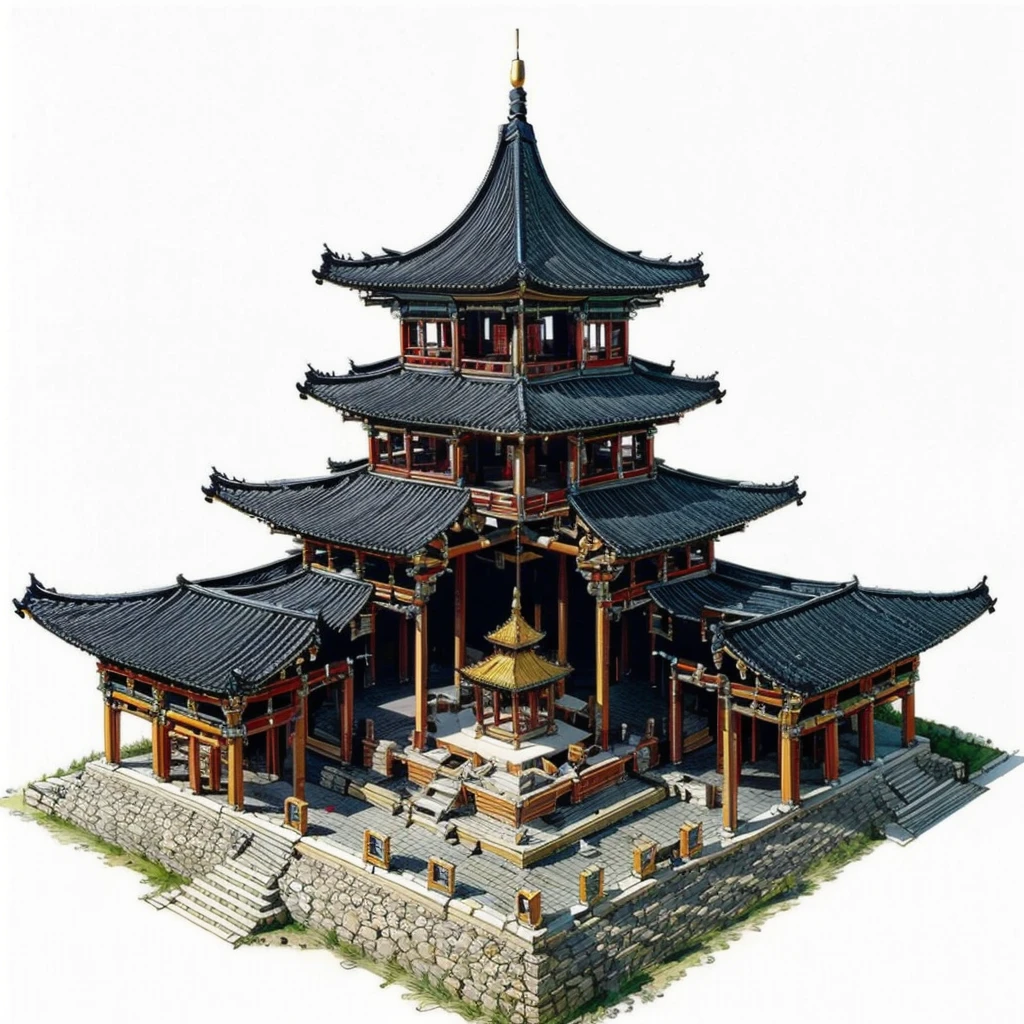 building cut,no humans,architecture,(simple background:1.2),masterpiece,high quality,8k,<lora:buildingcut-000014:0.7>,(tower:1.2),east asian architecture,stairs,