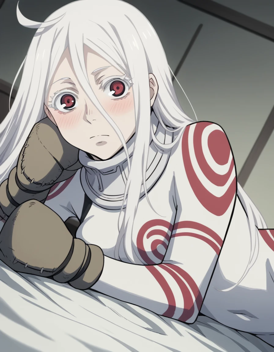 score_9, score_8_up, score_7_up, source_anime,
deadmanshiro, <lora:deadman-wonderland-shiro-s1-ponyxl-lora-nochekaiser:1>,
deadman shiro, albino, hair between eyes, long hair, red eyes, white hair,
bodysuit, collar, skin tight,
indoors, bed, bed room, on side, blush, drunk,
cowboy shot, looking at viewer, solo, dutch angle,