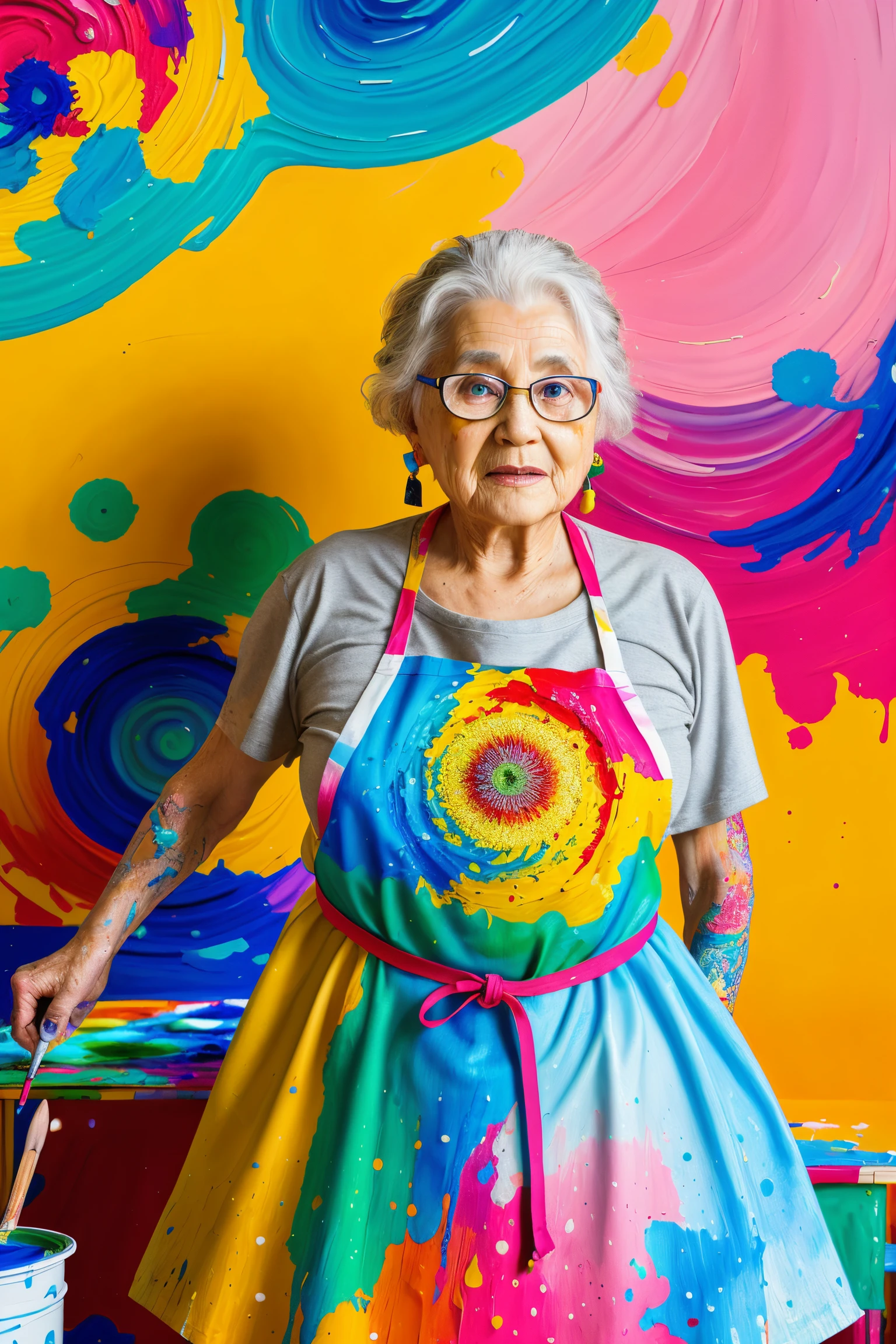 Wide angle photorealistic highly detailed 8k photography, (Wise old woman painting in vibrant New York art studio:1.2), Golden spiral composition, Artistically inspired, (Paint-splattered apron:1.2), Creative studio space, Colorful artwork, (Intricate brushwork:1.3), Soft studio lighting, Captivating realism