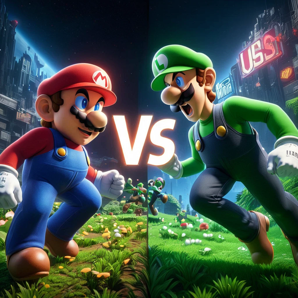 unreal engine 5 style, super Mario in one corner and Luigi in the other corner, big text in middle of image that says " VS ", HD, masterpiece, best quality, hyper detailed, ultra detailed