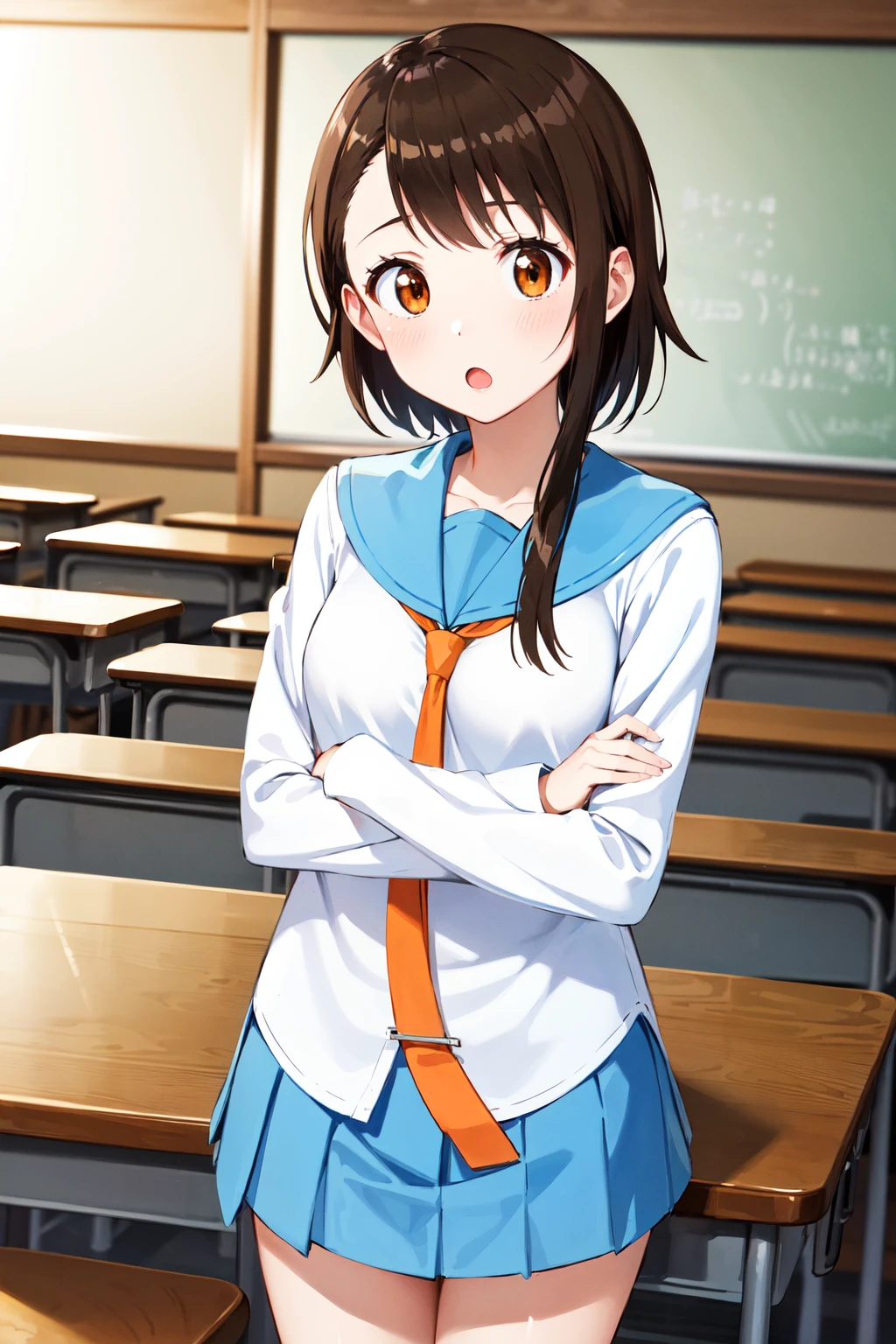 masterpiece, best quality, highres, aakosaki, brown hair, sidelocks, school uniform, blue sailor collar, orange necktie, white shirt, long sleeves, pleated skirt, blue skirt, <lora:onodera_kosaki_v2:0.7>, crossed arms, :o, classroom, standing, cowboy shot,