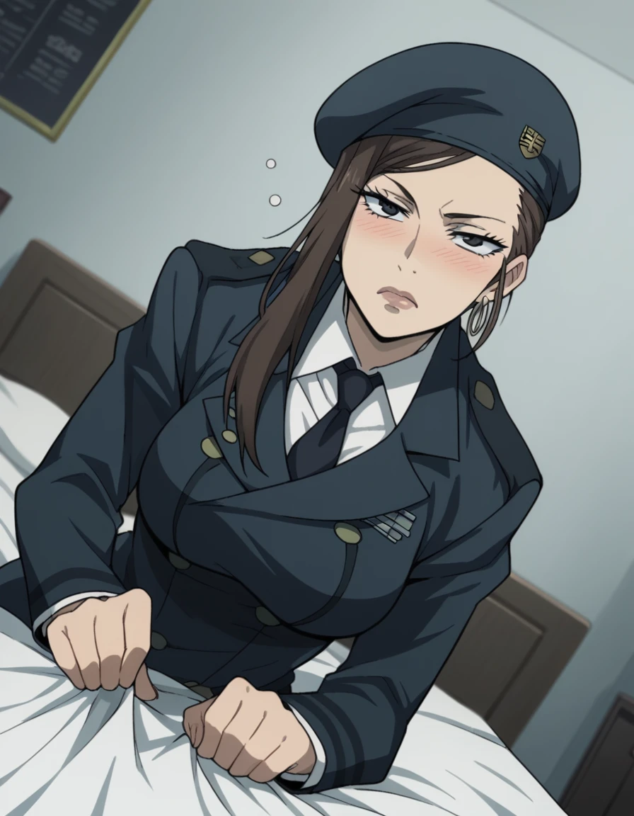 score_9, score_8_up, score_7_up, source_anime,
kiwakomakinaflugel, <lora:kiwako-makina-flugel-s1-ponyxl-lora-nochekaiser:1>,
kiwako makina flugel, large breasts, brown hair, black eyes,
hat, jewelry, earrings, necktie, uniform, military, military uniform, beret,
indoors, bed, bed room, on side, blush, drunk,
cowboy shot, looking at viewer, solo, dutch angle,