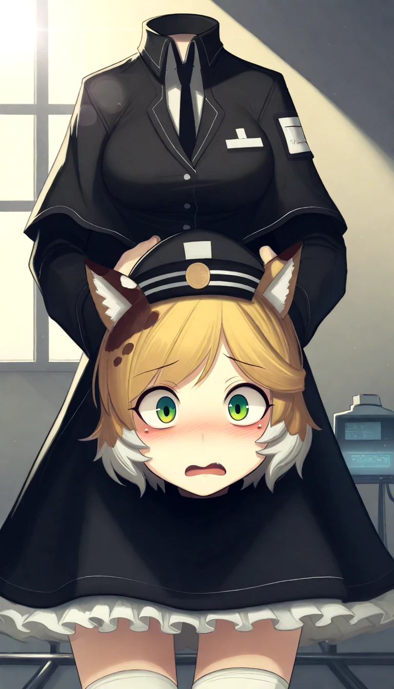 headless,msakn,girl,ambient oclusion,flustered,sensitive,medium breasts, masterpiece, best quality,solo,particles,dress,lens flare,cad,very detailed,indoors hospital,hat,blush,open mouth,