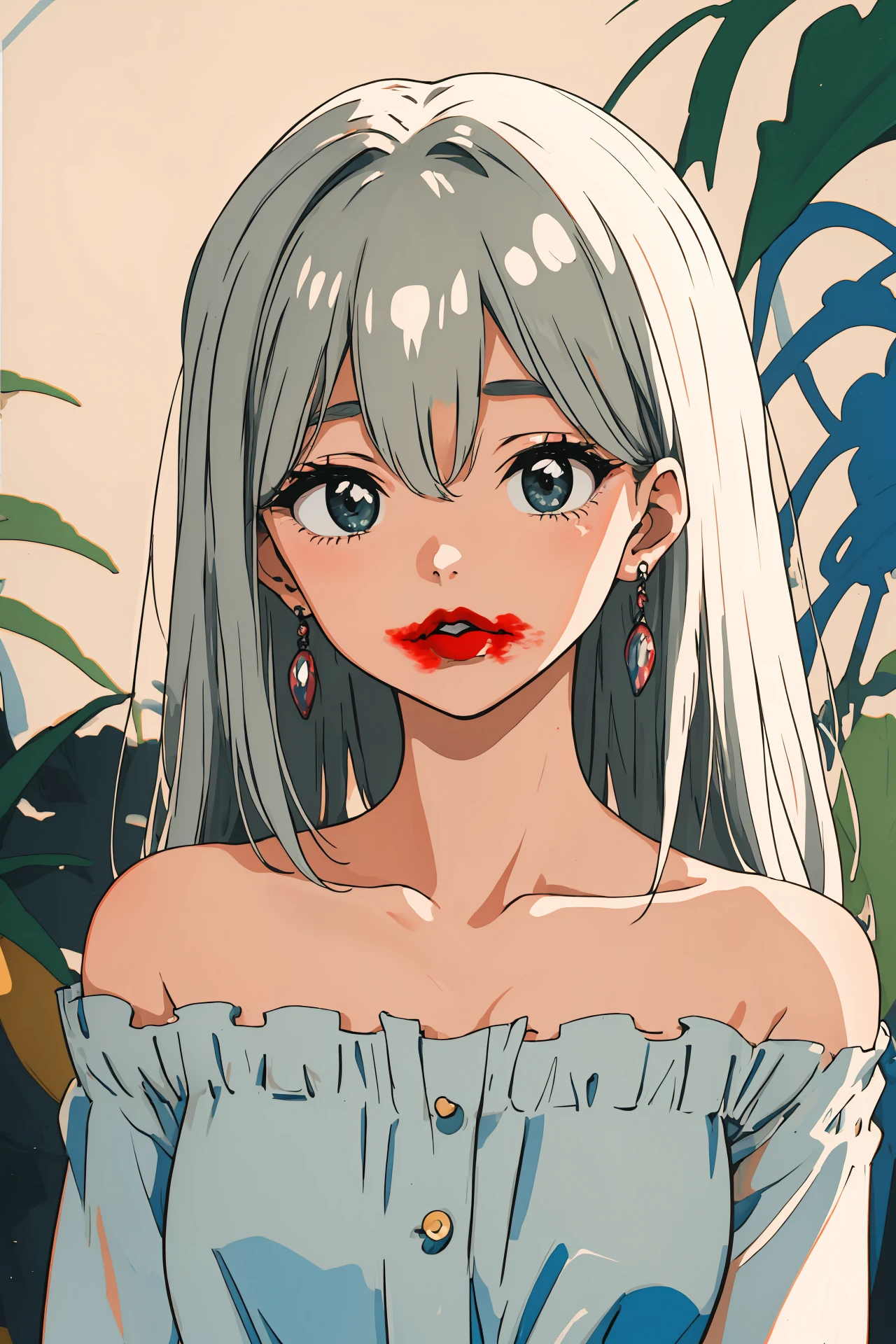 (masterpiece,best quality,absurdres),1girl,solo,<lora:smeared lipstick_bx-v2.02:1>,smeared lipstick,
traditional media,retro artstyle,close-up,upper body,white hair,hair over eyes,single bare shoulder,looking at viewer,chromatic aberration,