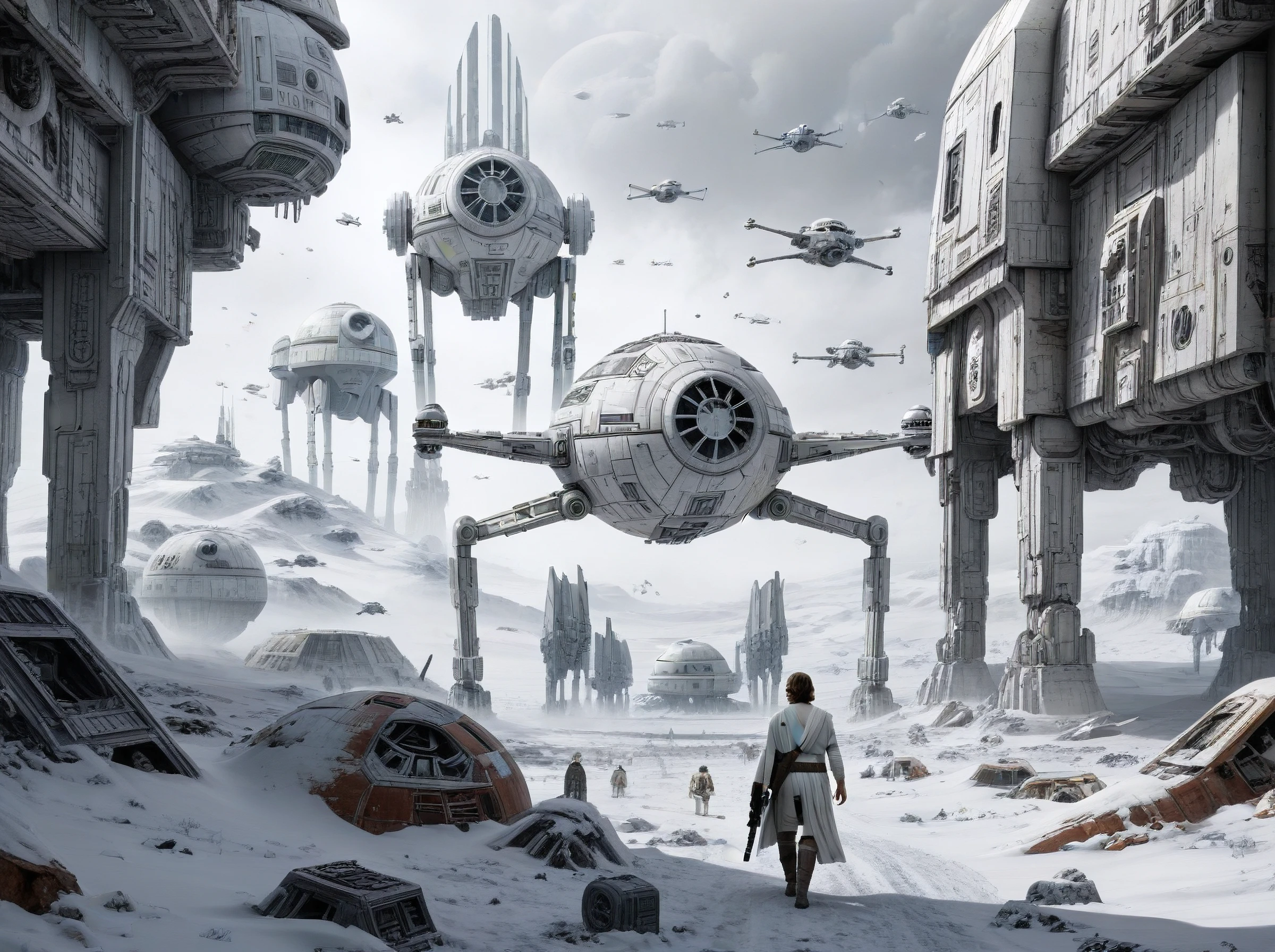 The world of Star Wars,absolutely nothing,pure white,detailed,a post-apocalyptic world where technology is banned,hyper detailed,professional poster art,bold lines,award winning,trending on ArtStation,FastNegativeV2,ral-dissolve,white eyes