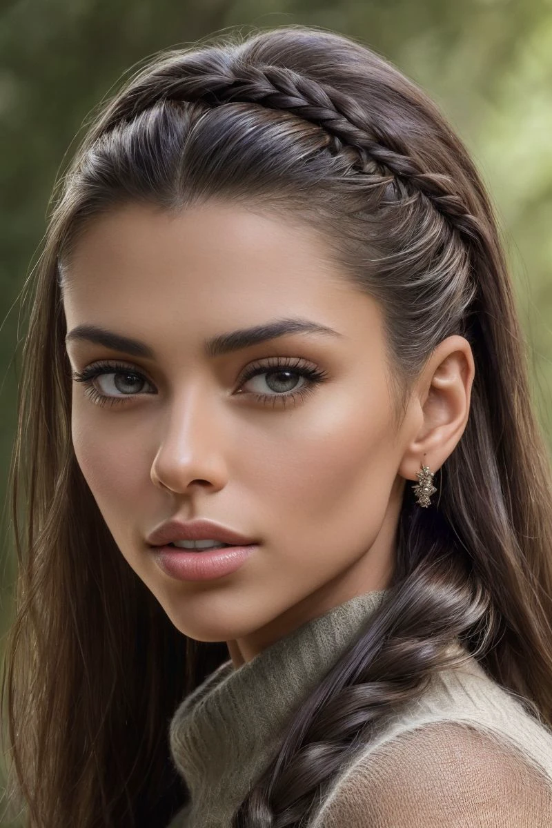 portrait of S427_ValentinaKolesnikova,a gorgeous woman,in a (forest:1.1),wearing a (sweater:1.1),(braid),(4k, RAW photo, best quality, 50mm, depth of field, ultra high res:1.1),(intricate, photorealistic, cinematic-shot, masterpiece, ultra-detailed:1.1),