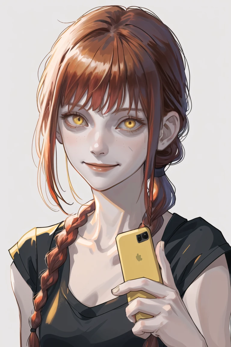 1girl, makima (chainsaw man), smile, ringed eyes, solo, yellow eyes, looking at viewer, phone screen, red hair, braid, bangs, shirt, braided ponytail, collarbone, user interface, closed mouth, black shirt, sidelocks, medium hair, simple background, upper body