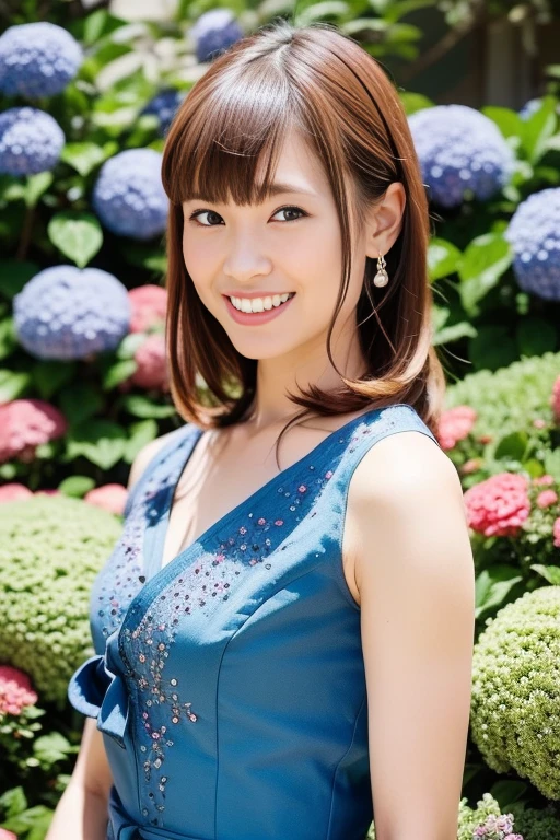 1girl,(RAW photo, best quality), (realistic, photo-realistic:1.4), masterpiece, an extremely delicate and beautiful, extremely detailed, 2k wallpaper, Amazing, finely detail, extremely detailed CG unity 8k wallpaper, ultra-detailed, highres, soft light, beautiful detailed girl, extremely detailed eyes and face, beautiful detailed nose, beautiful detailed eyes,cinematic lighting,perfect anatomy,slender body
wearing a blue peplum dress,blue skirt,(bokeh:1.2)
at a shrine,tall stone stairs,(hydrangea flowers),cloudy
 <lora:fuchigamimai_lora:0.8>,smile
