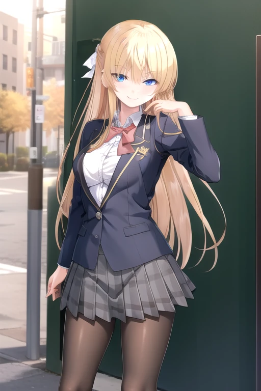 ((masterpiece)),(best quality),official art,extremely delicate and beautiful,extremely detailed CG,unity 8k wallpaper,ultra detailed,beautiful detailed eyes,extremely detailed face,outdoors,1girl,solo,cowboy shot,looking at viewer,facing viewer,smile,Houjou Nanami,very long hair,blonde hair,half updo,sidelocks,hair between eyes,bangs,blue eyes,school uniform,skindentation,black jacket,blazer,emblem,open clothes,open jacket,red bowtie,white shirt,dress shirt,collared shirt,long sleeves,large breasts,buttons,shirt tucked in,miniskirt,grey skirt,plaid skirt,pleated skirt,black pantyhose,loafers,black footwear,<lora:Houjou Nanami(wa jk jg):0.8>,