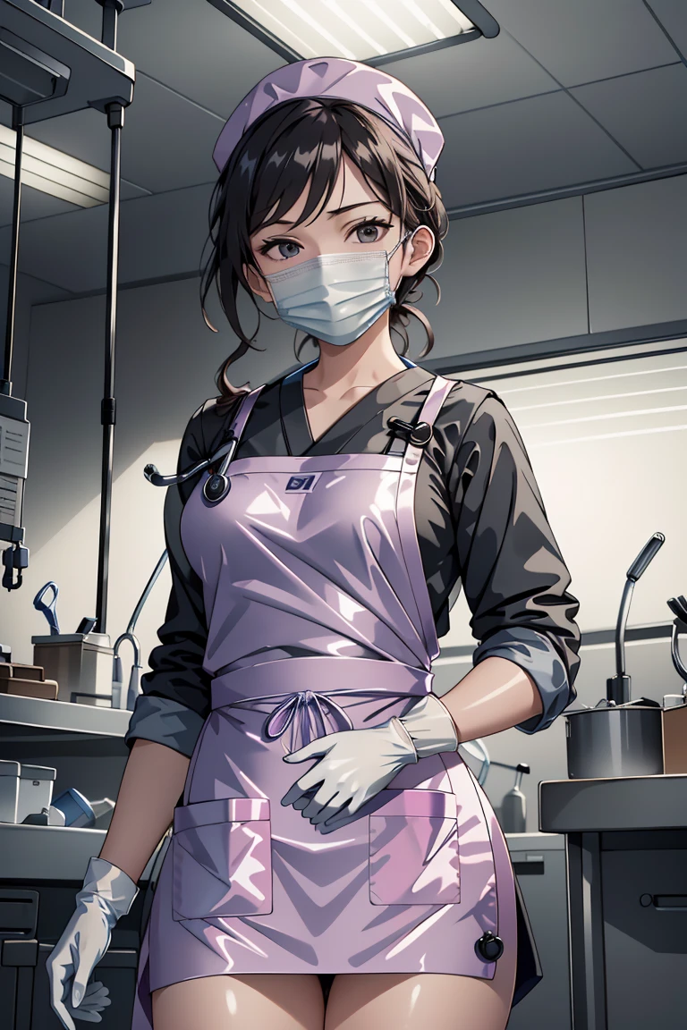 (RAW photo, best quality,facing the viewer,from front), operating room, overhead surgical light,blurred background, focused, dithering,backlighting,
 <lora:Doctor_LatexApron_V2.0:0.8> doctor_latexapron, 1girl, solo, latex apron, surgical mask, gloves