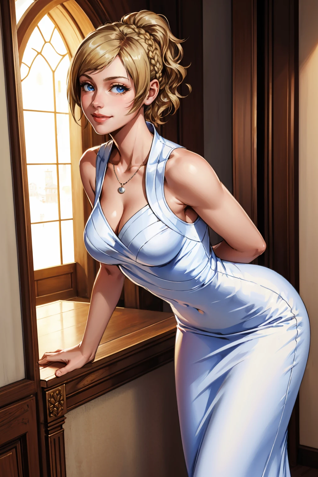 masterpiece, best quality, 1girl,   <lora:lunafreya-nvwls-v1-000009:0.9> lunafreya, braid, ponytail, necklace, white dress, sleeveless dress, long dress, large breasts, leaning forward, looking at viewer, smile, hallway, castle, smile