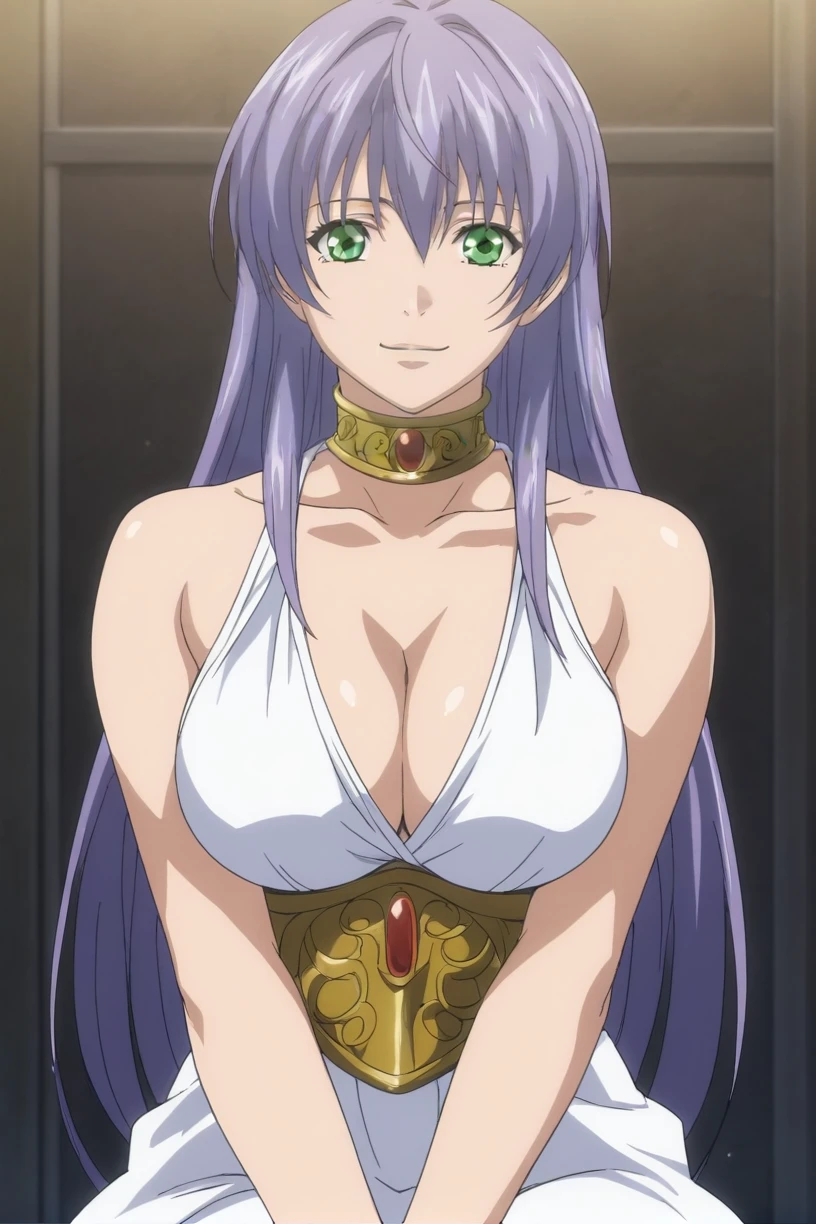 best quality,masterpiece,looking at viewer,absurdres,1girl,score_9,score_8_up,score_7_up,source_anime BREAK sasha,green eyes,purple hair,long hair,collarbone,large breasts,cleavage,white dress2,dress,gold necklace,jewelry,<lora:033-å¥çç¥è¯LC-è¨æ²XLV2:0.8>,bare shoulders,