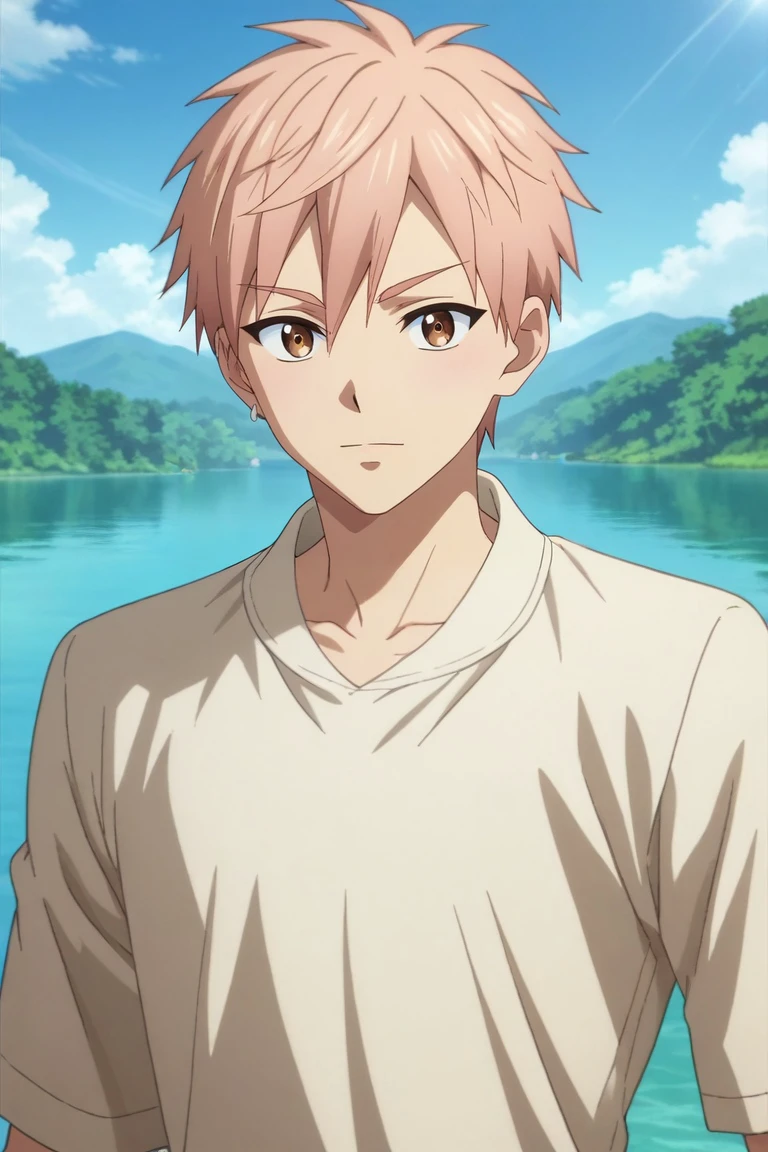 score_9, score_8_up, score_7_up, source_anime, rating_safe, intricate details, anime screencap, , official style, , , 1boy, solo, male focus, <lora:shion_asuma_pony:0.92>, shion_asuma, pink hair, brown eyes, short hair, close-up, lake, day, clouds, victory pose, speaking, talking, , <lora:sdxl_lightning_8step_lora:1>