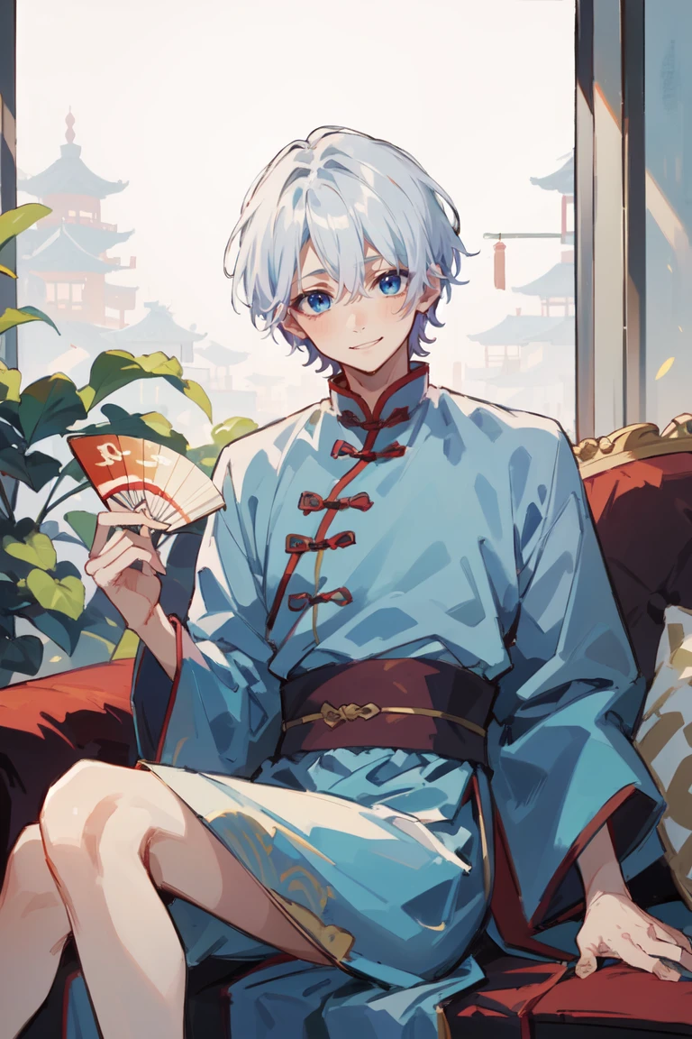 masterpiece, best quality, highres, 1boy, bluish white hair, colored tip, light blue hair tips, blue eyes, pale skin, lean body type, Koyuki Ayase, resting on a couch, carrying a hand fan, wearing chinese clothes celebrating chinese festival, looking at the viwer, happy, festive atmosphere, 
night, chins town,  <lora:koyukiAyase001:0.6>