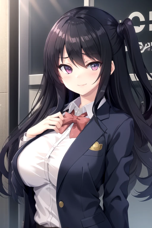 ((masterpiece)),(best quality),official art,extremely delicate and beautiful,extremely detailed CG,unity 8k wallpaper,ultra detailed,beautiful detailed eyes,extremely detailed face,outdoors,1girl,solo,upper body,(portrait:1.5),looking at viewer,facing viewer,smile,Minase Karin,very long hair,wavy hair,black hair,shiny hair,one side up,sidelocks,hair between eyes,bangs,pink eyes,school uniform,skindentation,black jacket,blazer,emblem,open clothes,open jacket,red bowtie,white shirt,dress shirt,collared shirt,long sleeves,large breasts,buttons,shirt tucked in,miniskirt,grey skirt,plaid skirt,pleated skirt,zettai ryouiki,black thighhighs,loafers,brown footwear,<lora:Minase Karin(wa jk jg):0.8>,