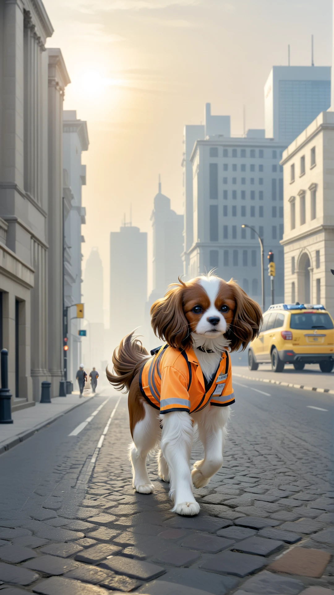 surreal supernatural fantasy illustration showing an (anthropomorphic:1.2) ( (brown:1.2)-(white:0.7) Phalene continental toy spaniel:1.2) wearing a construction worker's outfit and walking by the street (standing on rear legs:1.2) toward ancient treasury or bank, dimmed morning light, modern cozy city in background
BREAK frontal light, flat digital illustration, (trending on deviantart:0.6), cartoon with thin sharp outlines
BREAK NOBLEDOGS_CTS <lora:NOBLEDOGS_CTS-000018:0.63> NOBLEDOGS_CKCS <lora:Noble_Dogs_XL_CKCS_E27:0.33>