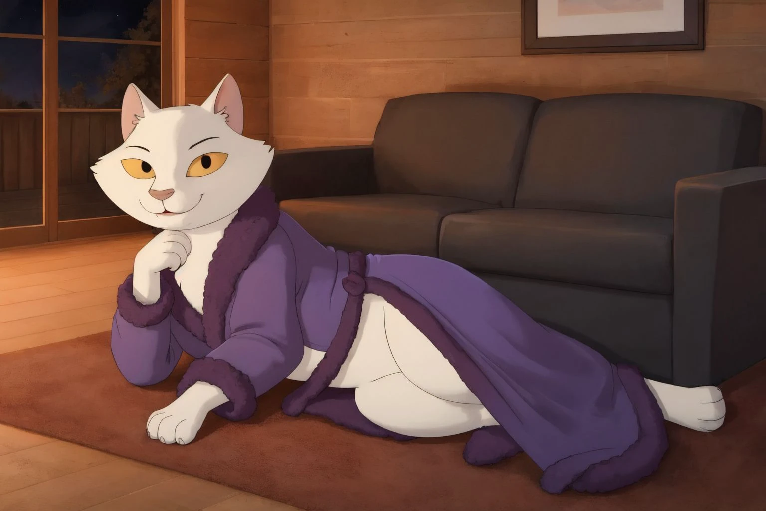 samantha the cat, female, cat, beige white fur, feral, cartoon, yellow eyes, on side, full body, looking at viewer, evil smile, narrowed eyes, purple robe, on carpet, <lora:Samantha_the_Cat:0.7>, inside, cabin, carpet:1.3, night, large couch, looking at viewer