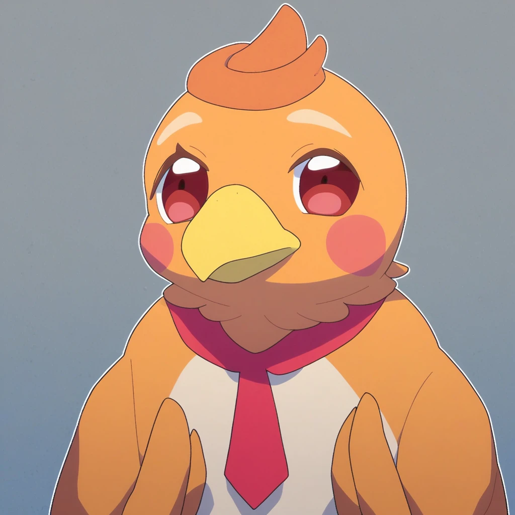 Score_9, Yuunagi Tsubasa, bird, 1boy, male focus, solo, orange hair, red eyes, no humans, animal, creature, beak, neckerchief, red necktie,