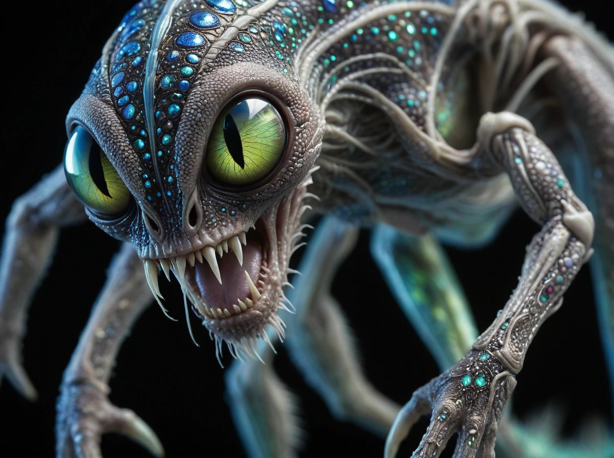 Close-up image of a half-human,half-alien creature observed under a high-powered microscope. The creature's skin is covered in intricately patterned scales and small,shimmering crystals. Its eyes are large and expressive,with multiple irises that shift colors in response to its emotions. Two long,slender arms sprout from its torso,each ending in a hand tipped with sharp claws. The creature's lower body is a series of segmented sections,each one covered in tiny,pulsing sacs filled with a bioluminescent substance that glows faintly. The background is a blur of intricate machinery and wires,as if taken from an advanced laboratory