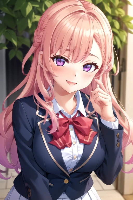 ((masterpiece)),(best quality),official art,extremely delicate and beautiful,extremely detailed CG,unity 8k wallpaper,ultra detailed,beautiful detailed eyes,extremely detailed face,outdoors,1girl,solo,upper body,(portrait:1.5),looking at viewer,facing viewer,smile,Amagase Nanao,long hair,wavy hair,multicolored hair,pink hair,braid,sidelocks,side swept bangs,purple eyes,school uniform,purple jacket,blazer,red bowtie,white shirt,collared shirt,long sleeves,large breasts,skindentation,miniskirt,white skirt,pleated skirt,black pantyhose,high heels,black footwear,<lora:Amagase Nanao(rk):0.7>,