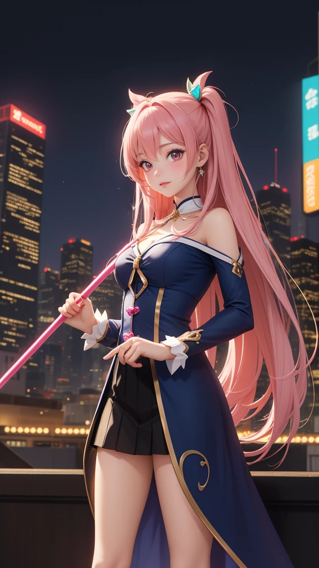 An anime magical girl in a bustling cityscape, wearing a colorful outfit with a magical staff. Her hair is long and flowing, with sparkles and ribbons. She is mid-transformation, with a glowing aura around her. The city is lit up with neon lights and skyscrapers.