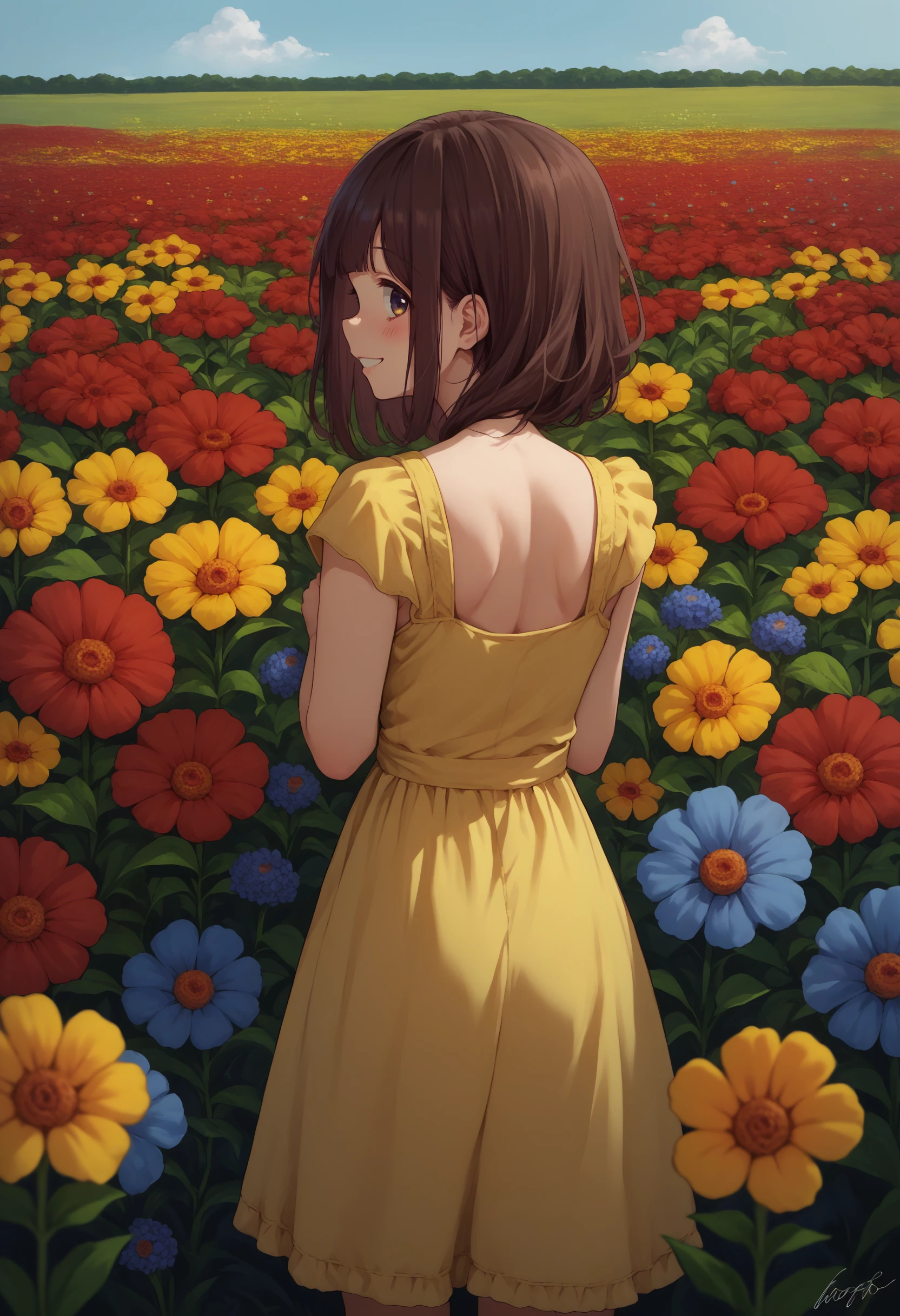 score_9, score_8_up, score_7_up, source_anime, 1girl, nanase kurumi \(menhera-chan\), brown hair, <lora:NanaseKurumi_Menhera-chan_XLPD:1>, yellow sundress, flowers, colorful flowers, red flowers, blue flowers, field, from behind, looking back, smile, blush