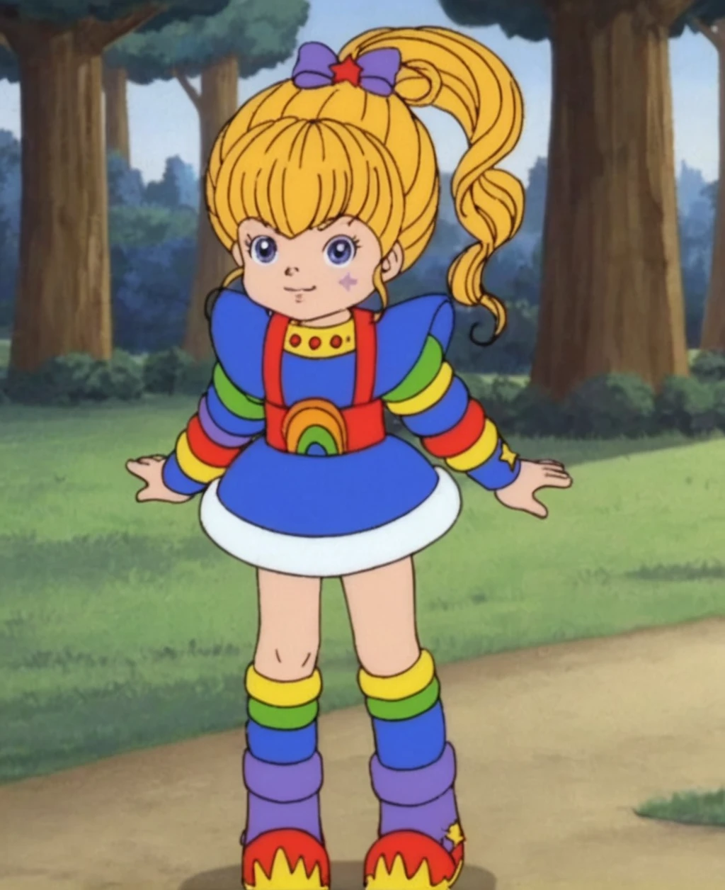 score_9, score_8_up, source_anime, highly detailed, BREAK, rainbow brite, (in a forest) running toward viewer, girl, <lora:Rainbow Brite:0.8>rainbow brite
