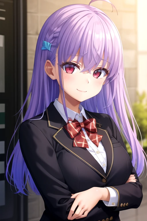 ((masterpiece)),(best quality),official art,extremely delicate and beautiful,extremely detailed CG,unity 8k wallpaper,ultra detailed,beautiful detailed eyes,extremely detailed face,outdoors,1girl,solo,upper body,(portrait:1.5),looking at viewer,facing viewer,smile,Sawami Inori,ahoge,long hair,purple hair,hair ornament,braid,hair between eyes,bangs,red eyes,school uniform,black jacket,blazer,red bowtie,white shirt,collared shirt,long sleeves,large breasts,skindentation,miniskirt,white skirt,pleated skirt,zettai ryouiki,white thighhighs,loafers,black footwear,<lora:Sawami Inori(rk):0.8>,
