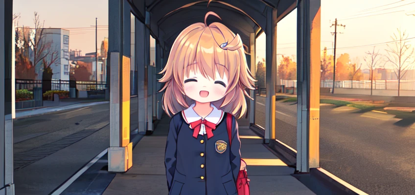 qiandaolizi,1girl,solo,kawaii,
student uniform,bag,blush,
in the outdoor,face_focus,front view,looking_at_viewer,
standing,<lora:qiandaolizi_v2.0-000014:0.7>,kind_smile,open mouth,one eye closed,head tilt,(arms_behind_back:1.1),moody lighting,(gradient:1.1),wide_shot,, (masterpiece, best quality,:1.2)