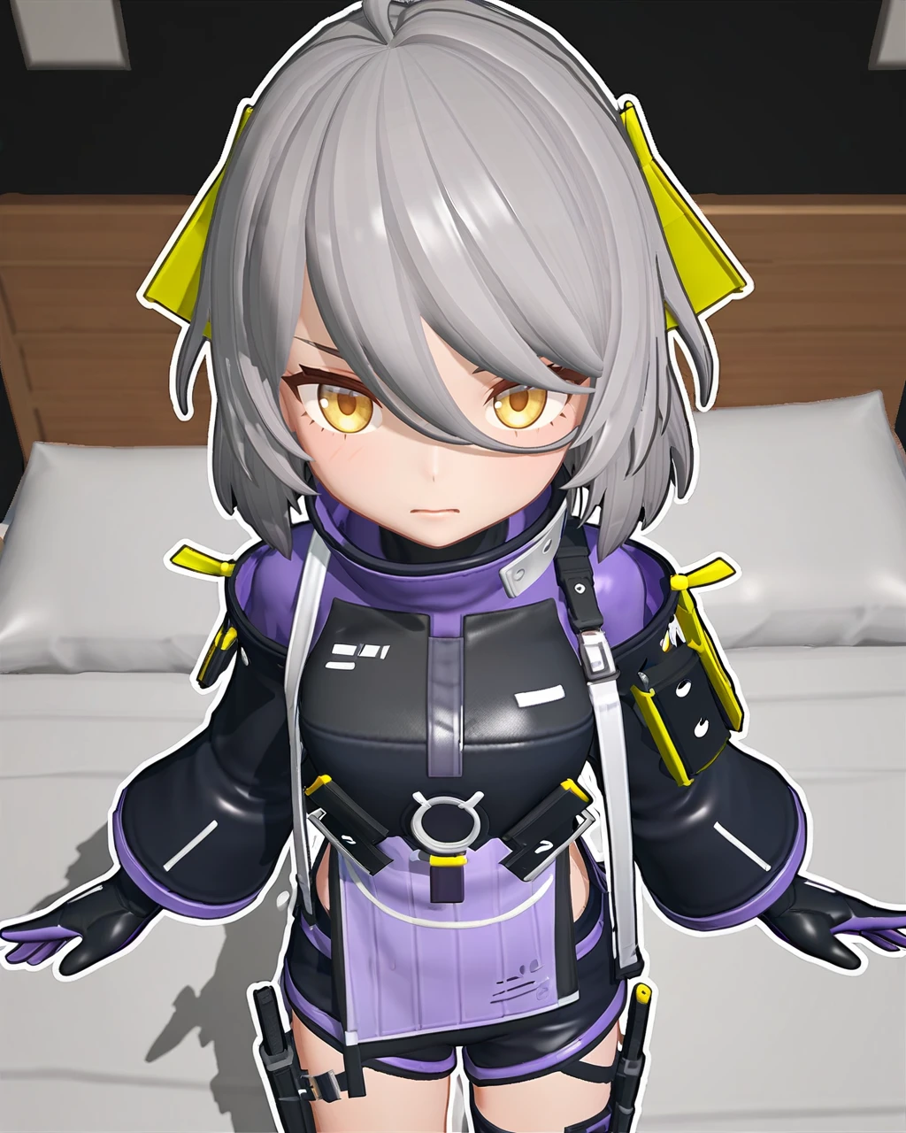 score_9,score_8_up,score_7_up,score_6_up,score_5_up,score_4_up,bedroom,looking at viewer,punching towards viewer,action line,
<lora:ankaxiya_pony:0.8>,(3dstyle:1.5),chibi,ankaxiya,skin00,1girl,solo,shy,gloves,grey hair,bangs,short shorts,black gloves,breasts,yellow eyes,jacket,black shorts,hair between eyes,short hair,ahoge,long sleeves,purple gloves,