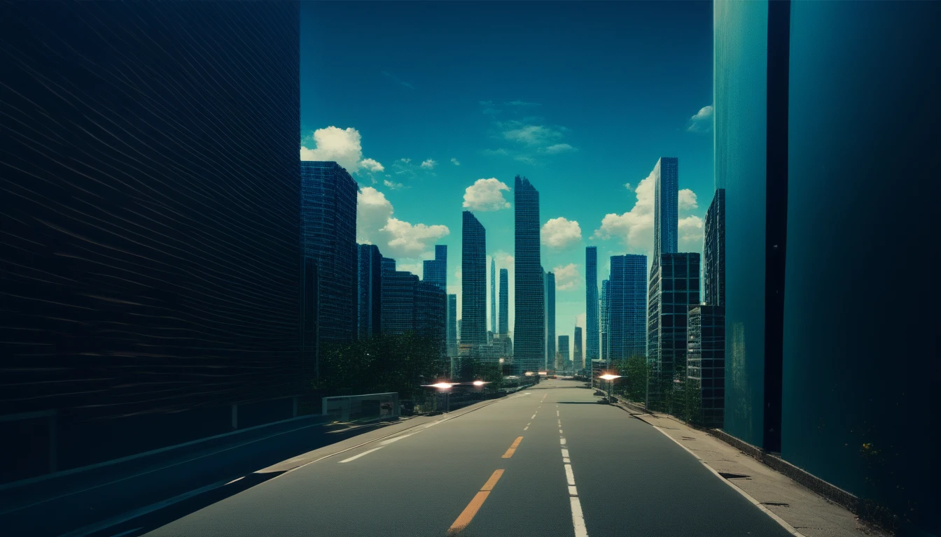 score_9, score_8_up, score_7_up, liminalspace, realistic, outdoors, surreal, still life, cityscape, city street, skyscraper, intersection, blue sky, cloud <lora:background_liminalspaces_ponyXL:1>