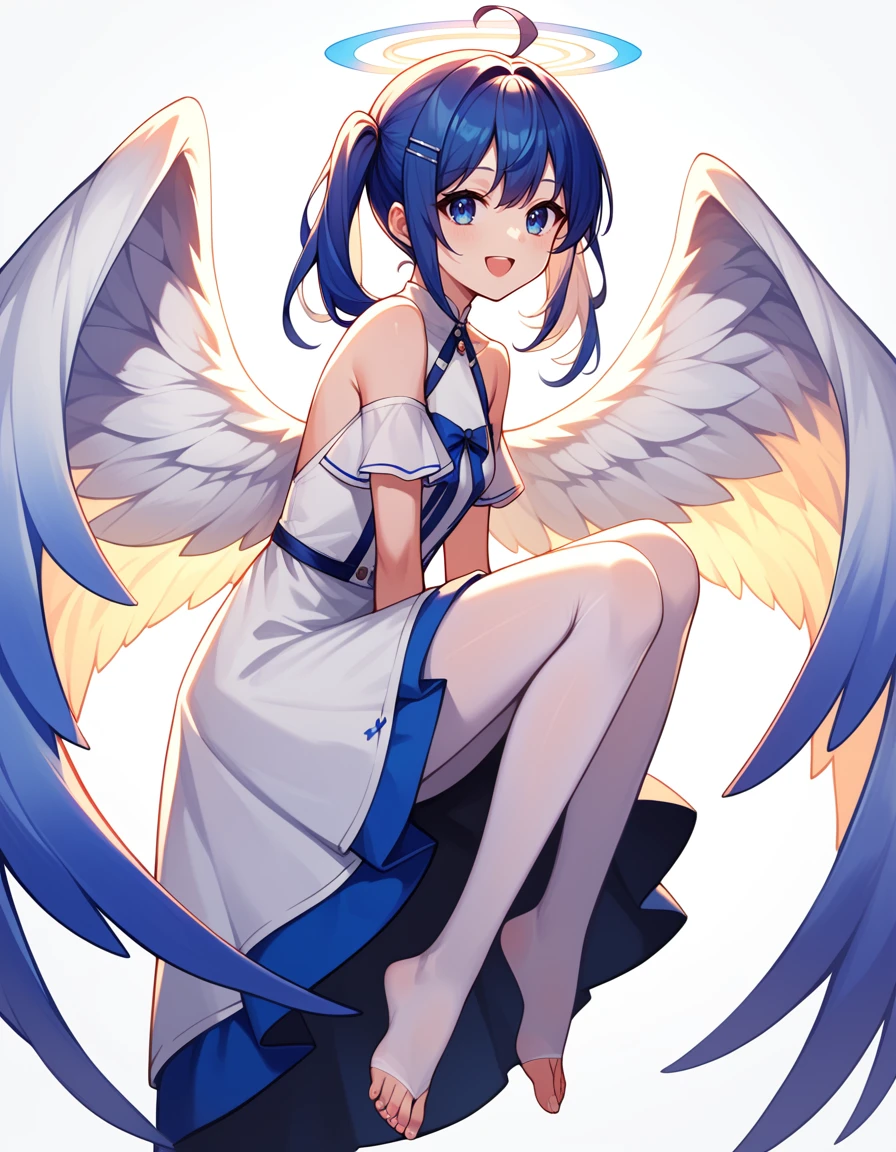 source_anime, ((score_9)),score_8_up,score_7_up,score_6_up,score_5_up,score_4_up,
1girl, solo, long hair, best quality, very aesthetic, absurdres, blue eyes, ahoge, full body, hair ornament, open mouth, wings, toenails, legs, hairclip, blue hair, looking at viewer, twintails, smile, bare shoulders, feet, dress, white dress, white background, white pantyhose ( soft lighting, simple background), angel wings, angel <lora:sd_xl_dpo_lora_v1:1> from side
best quality, masterpiece, absurdres