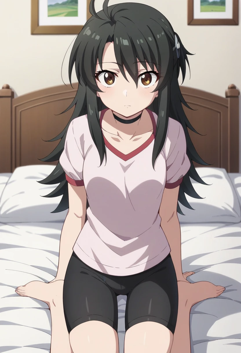 score_9, score_8_up, score_7_up, score_6_up, score_5_up, score_4_up , anime coloring ,BREAK source_anime, anime,best quality, masterpiece,
1girl, solo, adeltrud, long_hair, black_hair, brown_eyes, choker, shorts, black shorts, bike shorts, plain shirt, t-shirt, white t-shirt, short sleeves, <lora:PonyXL Adeltrud:1>
looking at viewer, :3,
bedroom, bed, detailed background,