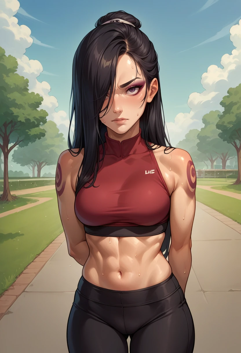 score_9, score_8_up, source_anime, 1girl, solo, JuneAvatar, makeup, shoulder tattoo, black hair, hair over one eye, long hair, topknot, sports bra, yoga pants, tight pants, sweat, outdoors, park scene, arms behind back, <lora:ChamJunePonyXL:1>
