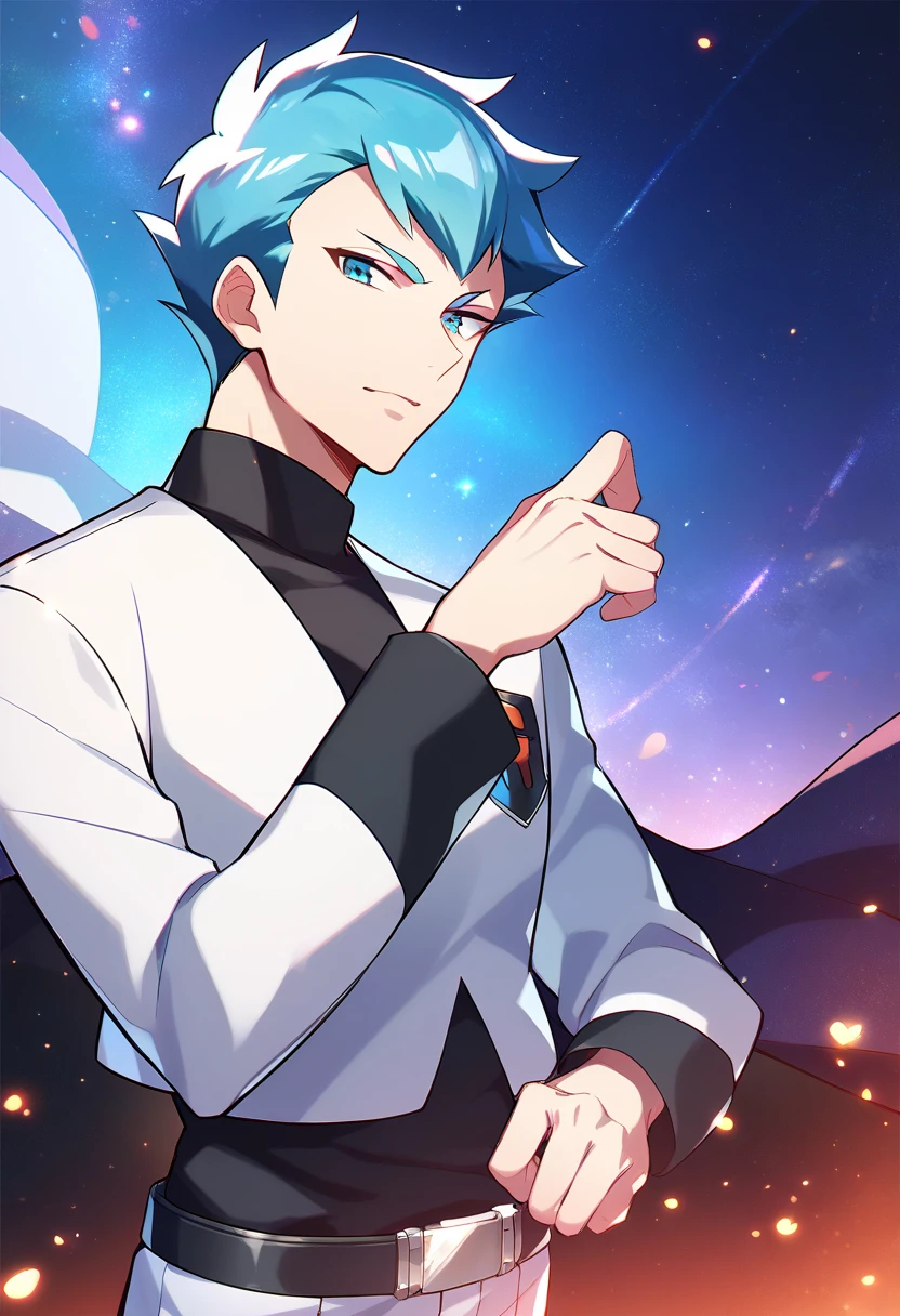 score_9, score_8_up, score_7_up, masterpiece, best quality, amazing quality, best aesthetic, absurdres, intricate details, archer, blue eyes, blue hair, black shirt, long sleeves white vest, white pants, belt, black shoes<lora:EMS-382830-EMS:1.000000>