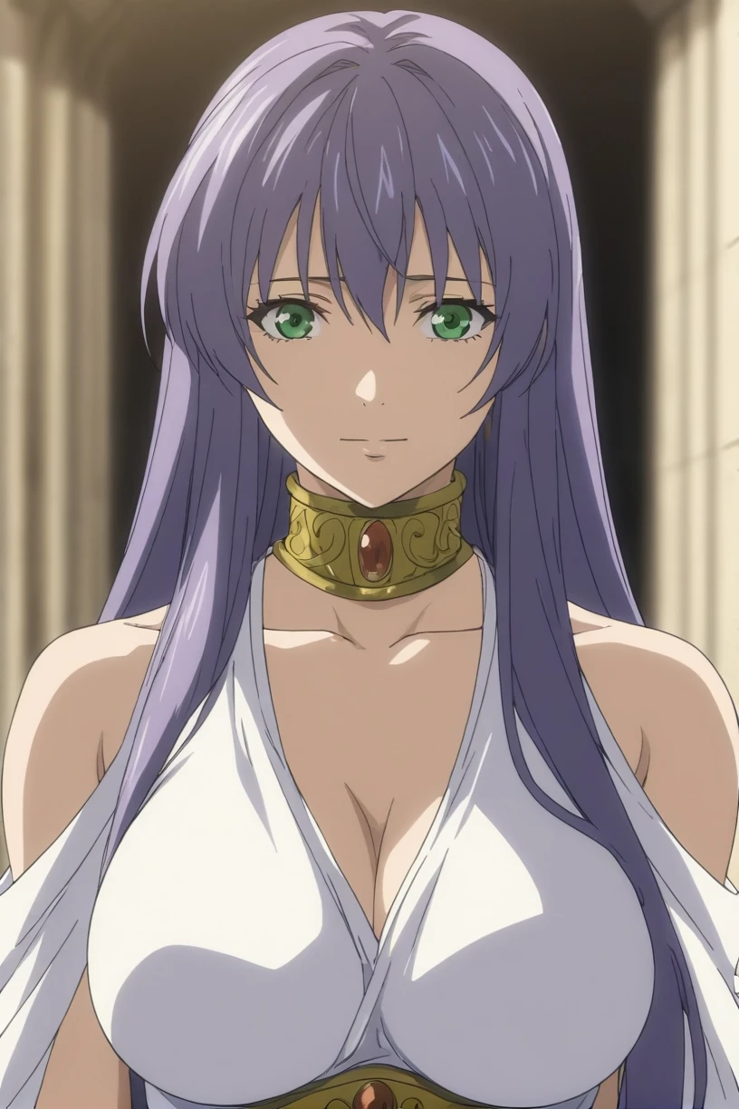 best quality,masterpiece,looking at viewer,absurdres,1girl,score_9,score_8_up,score_7_up,source_anime BREAK sasha,green eyes,purple hair,long hair,large breasts,white dress1,dress,gold necklace,<lora:033-å¥çç¥è¯LC-è¨æ²XLV2:0.8>,bare shoulders,