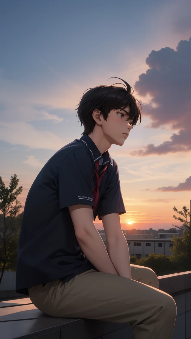 An anime high school boy sitting on a rooftop at sunset, wearing a school uniform. His hair is messy, and he looks pensively at the horizon. The background features the school building, trees, and a vibrant sunset sky.