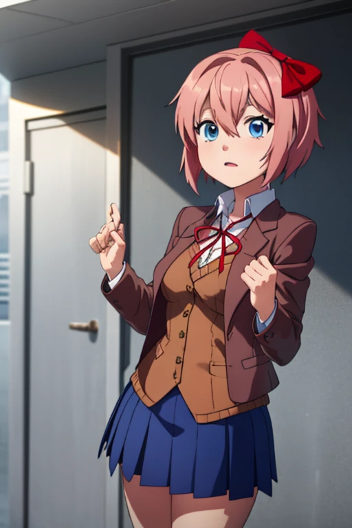 <lora:inker-10:1> inker, 1girl, busty, <lora:ddlcsayoritest:1> ddlcsayori, blue eyes, hair between eyes, hair bow, hair ornament, pink hair, red bow, short hair, blue skirt, pleated skirt, school uniform, skirt, brown jacket, jacket,, masterpiece, best quality