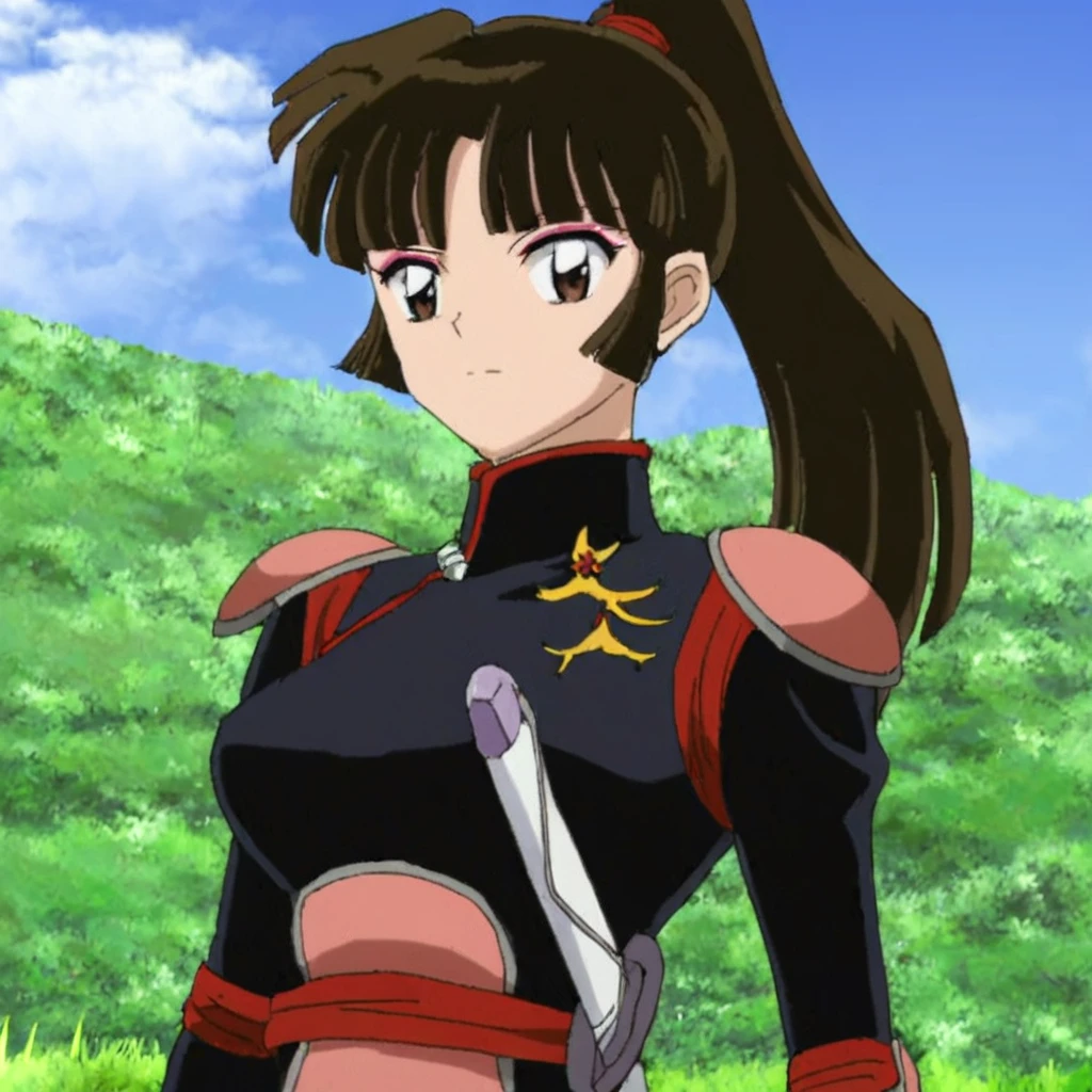 <lora:SangoV2:1> Sango, 1girl, solo, closed mouth, brown eyes, brown hair, long hair, ponytail, makeup, bangs, armor, shoulder pads, weapon, sword, outdoors, grass, sky, looking at viewer, anime coloring, retro artstyle