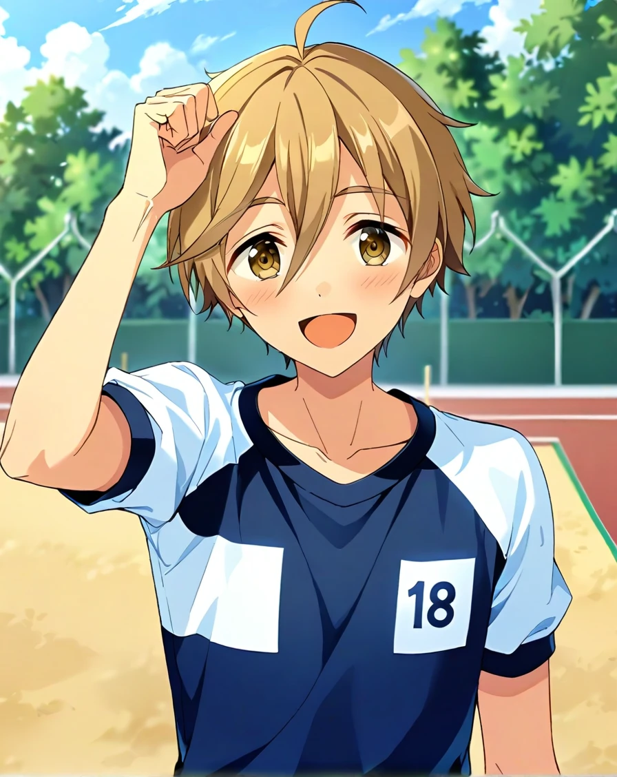 masterpiece, best quality, very aesthetic, absurdres, very detailed, score_9, score_8_up, score_7_up, depth of field, ((1boy, solo, male only, male focus, upperbody)), (mashiro_tomoya, brown hair, brown eyes, short hair, hair between eyes, bangs, ahoge), happy, looking at viewer, facing viewer, collarbone, outdoors, gym uniform, <lora:mashiro_tomoya_sdxl_lora:0.80>, <lora:Lightning-8:1>